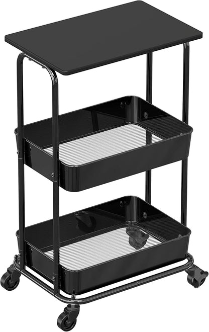 Simple Houseware 2-Tier Rolling Utility Cart Wood Top/Lockable Wheel, Black | Metal Storage Organizer Trolley for Kitchen, Bathroom, Office, Craft Room