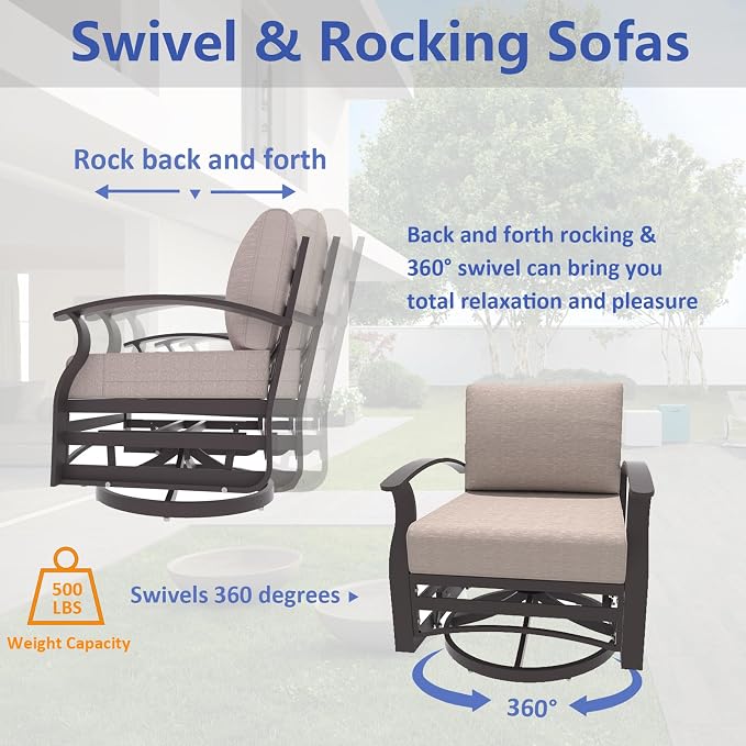 ALAULM 3 Piece Aluminum Outdoor Swivel Armchairs High Back Metal Swivel Rocking Chairs with 5.1" Sponge Cushions &1 Coffee Table for Patio, Porch, Backyards, Garden(Sand)