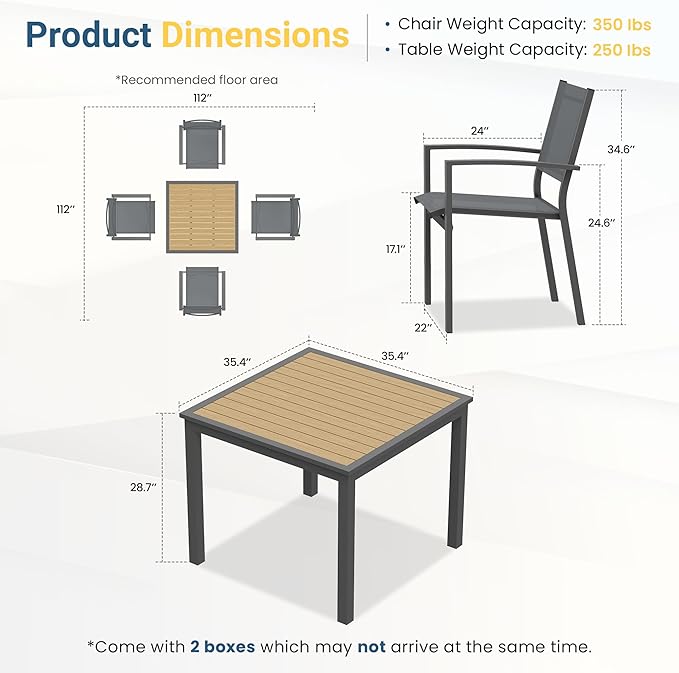 Wisteria Lane Patio Table and Chairs for 4, Outdoor Patio Dining Furniture Set with Aluminum Table and Metal Textilene Chairs, All-Weather Patio Table Set with HDPS Square Tabletop for Garden Porch