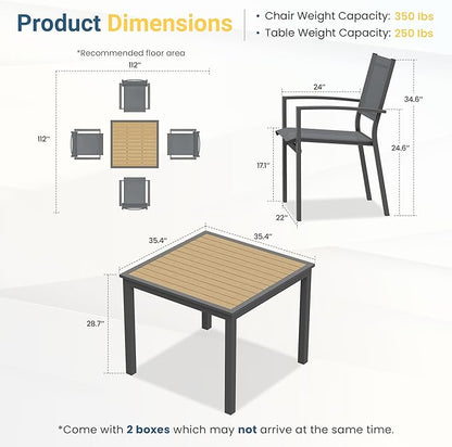 Wisteria Lane Patio Table and Chairs for 4, Outdoor Patio Dining Furniture Set with Aluminum Table and Metal Textilene Chairs, All-Weather Patio Table Set with HDPS Square Tabletop for Garden Porch