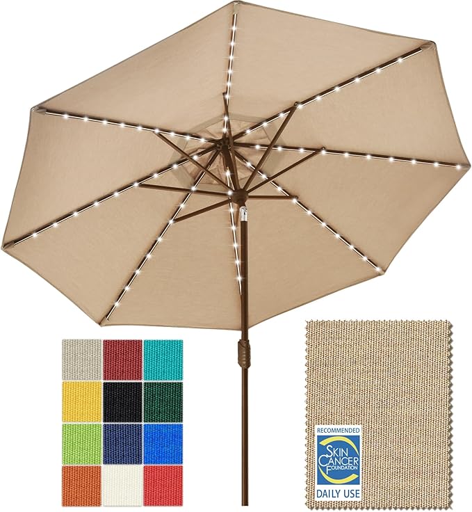 EliteShade USA 10-Year-Non-Fading 9ft Market Patio Umbrella, Commercial Grade Table Sun Umbrella with 80 Solar LED Lights, Crank Open, Windproof & UPF 50+ UV Protection for Garden, Deck, Pool, Backyard, Heather Beige