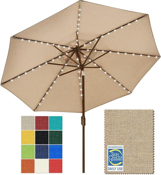 EliteShade USA 10-Year-Non-Fading 9ft Market Patio Umbrella, Commercial Grade Table Sun Umbrella with 80 Solar LED Lights, Crank Open, Windproof & UPF 50+ UV Protection for Garden, Deck, Pool, Backyard, Heather Beige