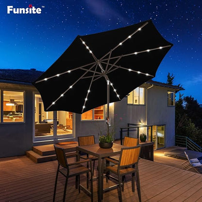 9ft Patio Umbrella with Solar Lights, Outdoor Umbrella with 24 LED Solar Umbrella Lights, Solar Patio Umbrella with Push Botton Tilt & Crank Ideal for Garden, Backyard & Pool, Black