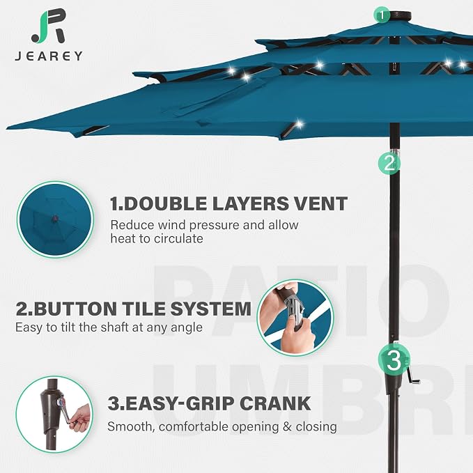 JEAREY 9 ft 3-Tier Outdoor LED Lighted Patio Umbrella w/Crank, Lake Blue | Solar Market Table Umbrella with 8 Sturdy Ribs, UV Protection Waterproof Sunproof for Garden, Deck and Backyard
