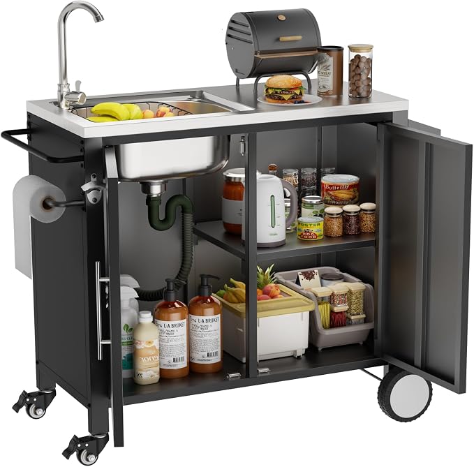 KEIKI Outdoor Grill Table with Sink, Grill Cart with 304 Stainless Steel Sink and Cabinet, Outdoor Cart Station with Wheels, L38 x W18 x H35