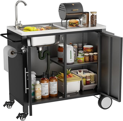 KEIKI Outdoor Grill Table with Sink, Grill Cart with 304 Stainless Steel Sink and Cabinet, Outdoor Cart Station with Wheels, L38 x W18 x H35
