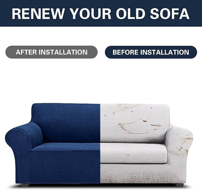 Cupuamon 2026 New Stretch Sofa Slipcovers Couch Cover for 3 Cushion Furniture Protector Sofa Covers with Elastic Bottom Jacquard Fabric Small Checks for Pets, Kids -Sofa, Classic Blue