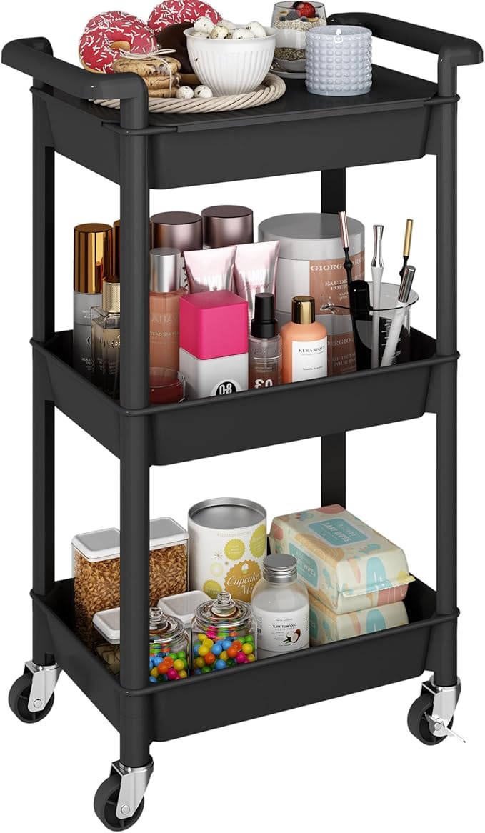 Steehoom 3-Tier Utility Rolling Cart with Cover Top Board, Mobile Utility Cart with Lockable Casters Multi-Functional Storage Trolley for Office, Bathroom, Kitchen, Garden, Laundry Room (Black)
