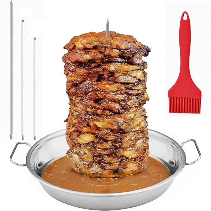 Shawarma Pan & Al Pastor Skewer for Grill - Stainless Steel Vertical Skewer Stand with 3 Spikes (7", 9", 11") & Brushes - Brazilian Spit for Tacos Al Pastor, Gyro, Smoker & Oven (AMBI-APS-0818-B)