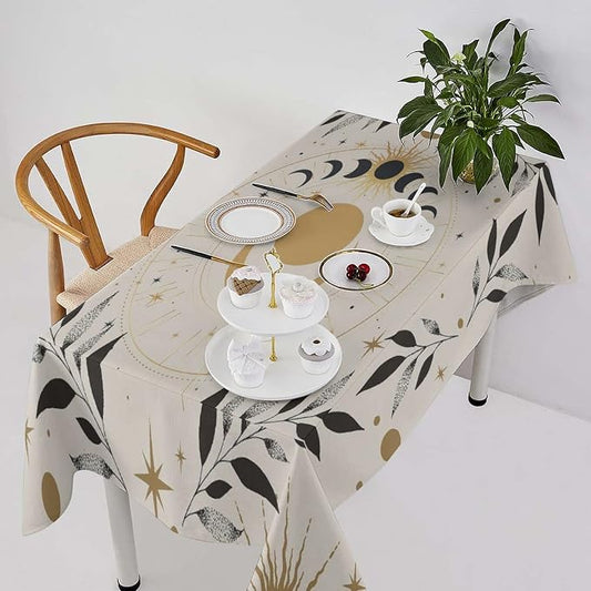 Vintage Boho Sun Moon Tablecloth Moon Phase Star Galaxy Space Wildflower Table Cloth Water Resistant Wipeable Table Cover for Farmhouse Picnic Party Holiday Kitchen Dinner Table 60"x90"