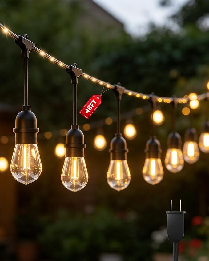 Outdoor String Lights With Lighted Tubing 48 ft, Commercial Grade String Lights with 16 (15+1spare) S14 Edison Bulbs & 144-LED Lighted Tubing, IP65 Waterproof Bistro Light for Patio, 2700K Warm White