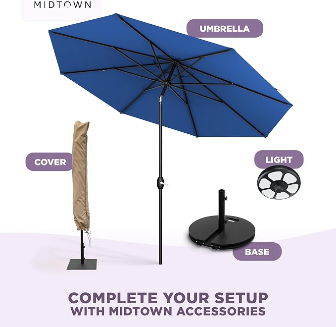 Midtown Umbrellas – The Lean 10 Ft Patio Umbrella with 10-Year-No-Fade Acrylast Acrylic Fabric, Auto-Tilt and 8 Reinforced Ribs for Deck, Pool, Garden, Hotel & Cafes – Deep Atlantic Canopy, Black Pole