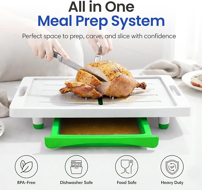Large Cutting Board - XL Deluxe Meal Prep System with Meat Thermometer, Juice Groove, Spikes, Drip Tray & Removable BPA Free Cutting Board - Patented Multi-Feature Design Carving Board - Kitchen Gifts