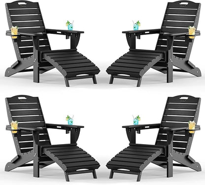 Adjustable Adirondack Chairs Set of 4 with Retractable Ottoman, HDPE Folding Adirondack Chair with Cup Holders, Weather Resistant for Backyard, Poolside & Fire Pit (Black)