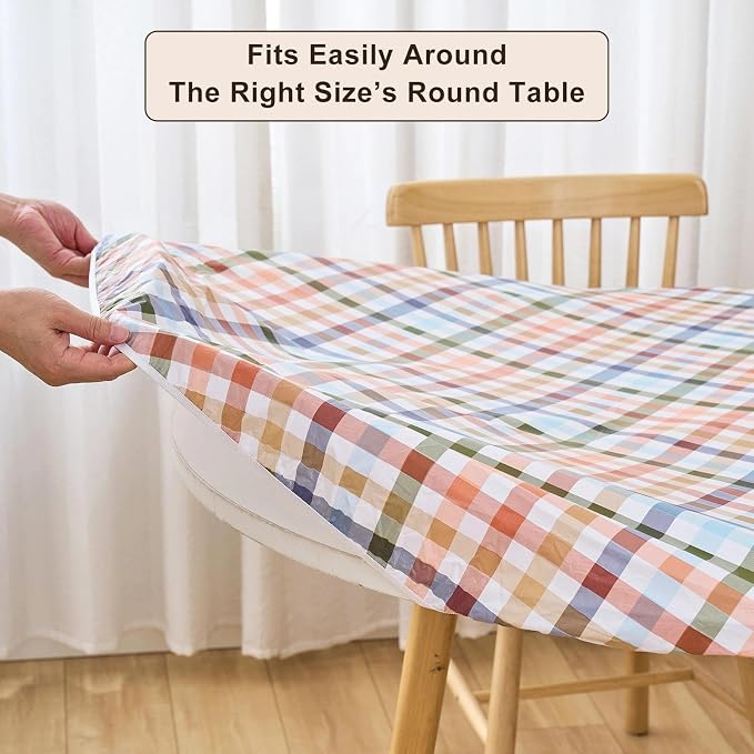 LIBERECOO Round Vinyl Fitted Tablecloth with Flannel Backing Elastic Edge Table Cover Waterproof Stain-Resistant Wipeable Tablecloths Fits 40-44 Inch Round Tables