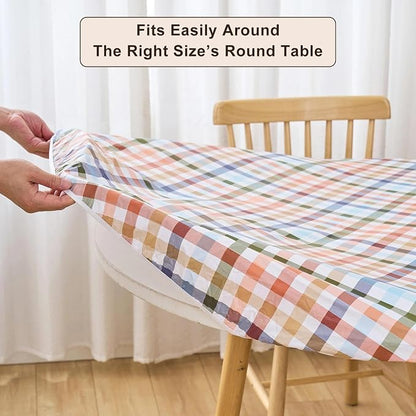 LIBERECOO Round Vinyl Fitted Tablecloth with Flannel Backing Elastic Edge Table Cover Waterproof Stain-Resistant Wipeable Tablecloths Fits 45-56 Inch Round Tables