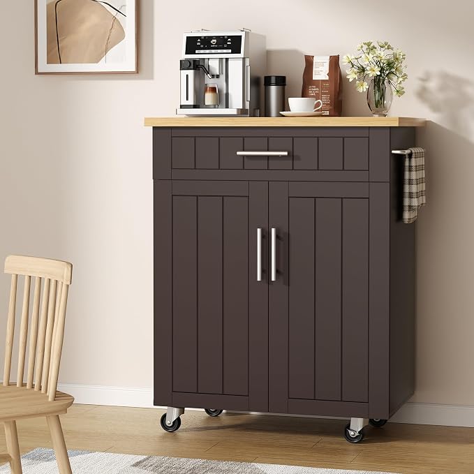 Shintenchi Kitchen Island cart with Storage, Portable Bar Cabinet on Wheels, Rolling Microwave Cart Side Table with Workstation for Kitchen, Dinning Room, Brown