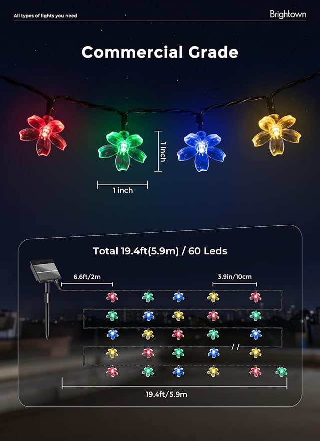 Brightown 2Pack Flower Solar String Lights, 60 LED Outdoor Waterproof Fairy Lights for Garden Yard Fence Patio Christmas Tree Wedding Party Decor, Multicolor