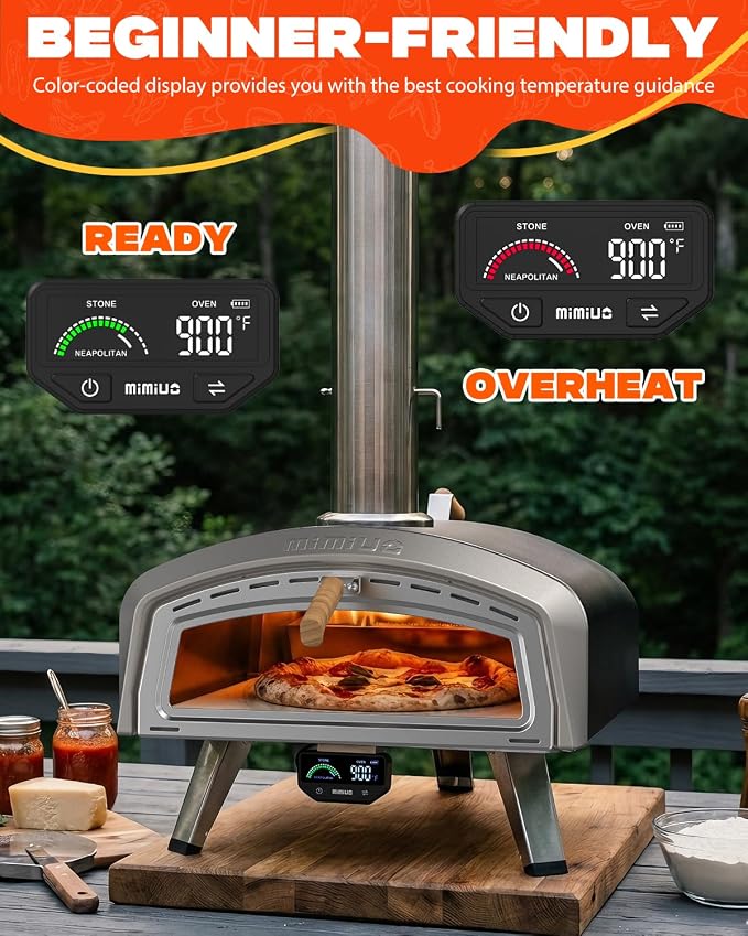 Mimiuo Smart 16" Wood/Charcoal Pizza Oven w/Temp Display – 3 Modes °C/°F | Digital Display Panel, 3 Cooking Modes (Classic/Neapolitan/Custom), Celsius/Fahrenheit Switch, Color-Coded Guide