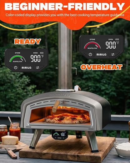 Mimiuo Smart 16" Wood/Charcoal Pizza Oven w/Temp Display – 3 Modes °C/°F | Digital Display Panel, 3 Cooking Modes (Classic/Neapolitan/Custom), Celsius/Fahrenheit Switch, Color-Coded Guide