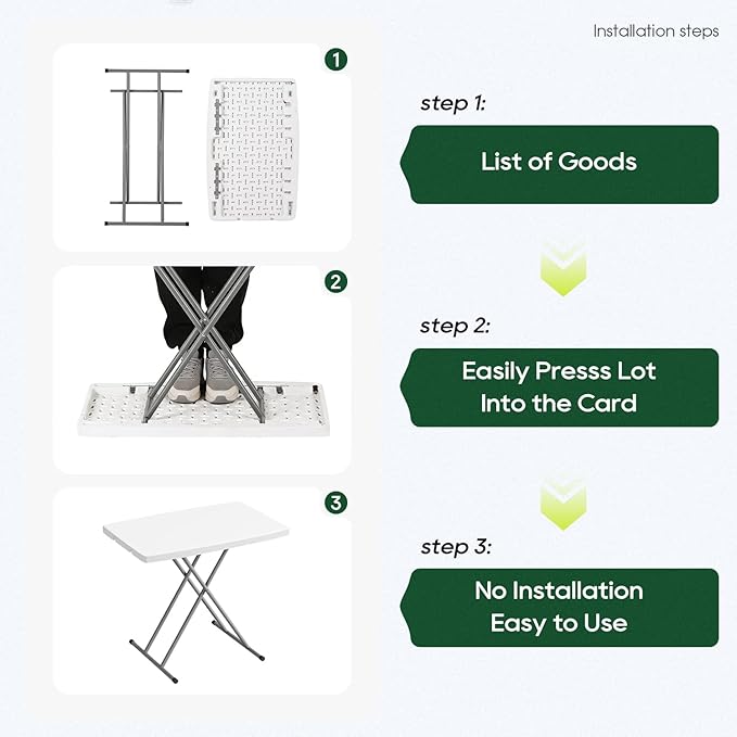 BestOffice 30 Inch Picnic Table, Utility Foldable Tray Table for Small Spaces, Small Desk Adjustable Height for Party Event, Camping, White