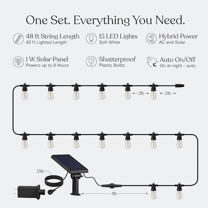 Brightech Ambience Hybrid Outdoor String Lights - Dual Plug and Solar Powered Waterproof LED Light String for Outside - 48 Ft, Soft White Edison Bulbs, for Camping, Patio, Cafe, Yard, Porch