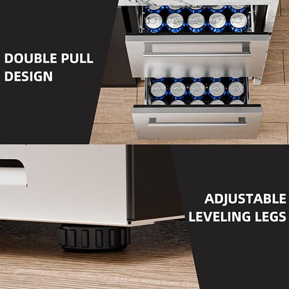 Antarctic Star Outdoor Beverage Refrigerator 24 Inch Wide,Stainless Steel Double Drawer Mini Fridge 145 Cans for Undercounter Built-in or Freestanding,Wine Cooler for Home & Patio,32-50°F,Silver