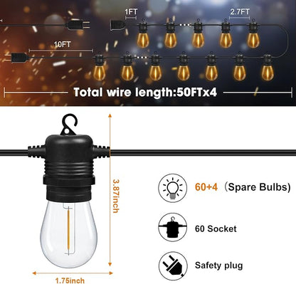 GvvooHome 200FT(50FT*4) LED Outdoor String Lights Waterproof Patio Lights with 64 Shatterproof S14 Edison Bulbs(4 Spare), Dimmable Hanging Outdoor Light Connectable for Yard, Porch, 2700K Warm White
