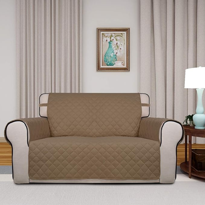PureFit Reversible Quilted Sofa Cover, Water Resistant Medium Slipcover Furniture Protector, Washable Couch Cover with Non Slip Foam and Elastic Straps for Kids, Dogs, Pets (Loveseat, Camel/Ivory) | Camel/Ivory, Water Resistant Couch Protector, Washabl...