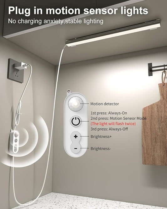 ASOKO Motion Sensor Dimmable Led Under Cabinet Lighting,12 inches Plug in Led Counter Light Bars, Daylight White 4500K Led Light Bar for Kitchen/Closet/Wardrobe/Shelf/Desk/Display Case