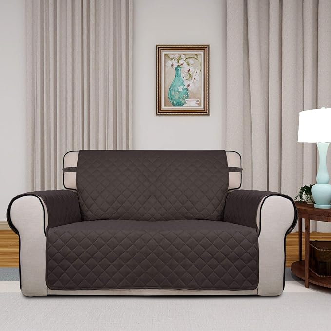 PureFit Reversible Quilted Couch Covers for Dogs Loveseat Sofa Cover 46.5” | Chocolate/Beige, Water Resistant Couch Protector, Washable Pet Couch Cover with Non Slip and Elastic Straps For Kids