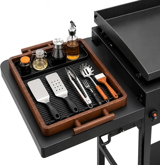 Wood Top Tray with Silicone Mat for East Oak Electric Smoker | Wood Serving Tray with Handles, BBQ Griddle Tools Mat for Masterbuilt, Blackstone, Gifts for Men