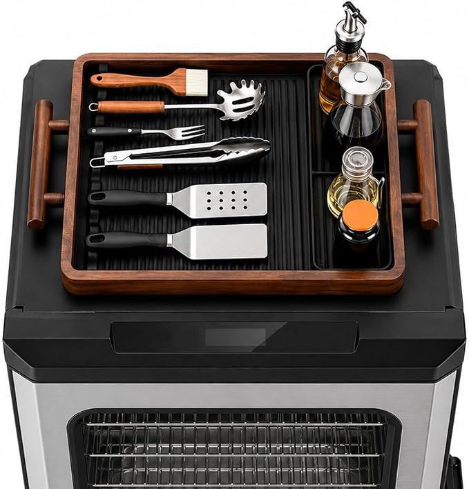 Wood Top Tray with Silicone Mat for East Oak Electric Smoker | Wood Serving Tray with Handles, BBQ Griddle Tools Mat for Masterbuilt, Blackstone, Gifts for Men