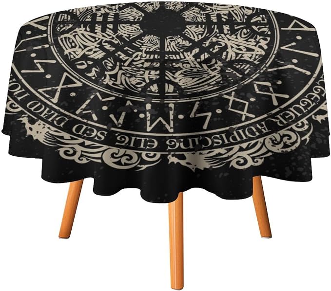 Vintage Viking Pattern Round Tablecloth, Viking Ancient Runic Helmet of Awe Celtic Dragon Table Cloth Water Resistant Table Cover for Farmhouse Party Holiday Kitchen Dinner Table 36"