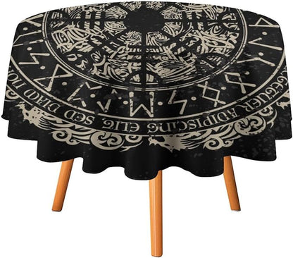 Vintage Viking Pattern Round Tablecloth, Viking Ancient Runic Helmet of Awe Celtic Dragon Table Cloth Water Resistant Table Cover for Farmhouse Party Holiday Kitchen Dinner Table 36"