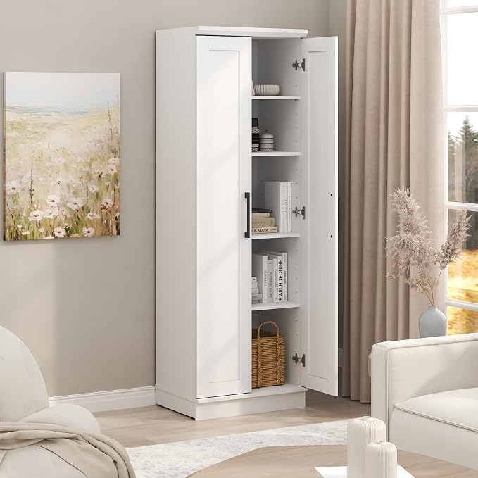 Furinno Robin Storage Cabinet, 5-Tier Pantry Cabinet with Adjustable Shelves, 23W with 2 Shaker-Doors, Kitchen Cabinet, Organization and Storage, for Pantry, Living Room, Home Office, White