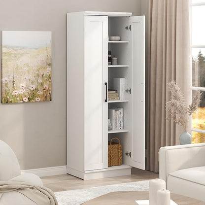 Furinno Robin Storage Cabinet, 5-Tier Pantry Cabinet with Adjustable Shelves, 23W with 2 Shaker-Doors, Kitchen Cabinet, Organization and Storage, for Pantry, Living Room, Home Office, White