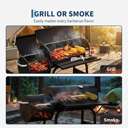 GarveeLife BBQ Charcoal Grill, Outdoor Barrel Grills with Offset Smoker, Patio Barbecue Grill and Smoker Combo with Wheels and Handle, for Garden Backyard Party Camping Picnic, Black