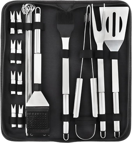 20 Pcs Stainless Steel BBQ Grill Tools Set, Heavy Duty Outdoor Barbecue Utensils Kit with Spatula, Tongs, Fork, Skewers, Meat Thermometer & Storage Bag for Camping, Backyard, Picnic
