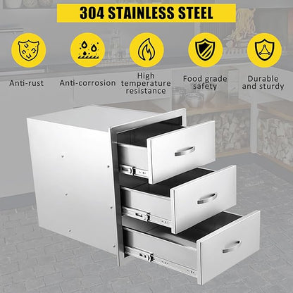 GarveeLife Outdoor Kitchen Drawers 15.7 in Wx 21.6 in H x 17.7 in D Triple BBQ Drawers Stainless Steel Built-in Drawer, Flush Mount BBQ Drawers for BBQ Island or Grill Station, Silver