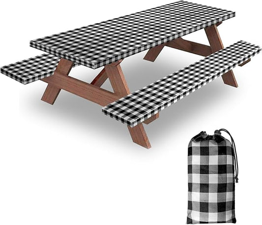 7ft 84" Picnic Table and Bench Cover, 3 Pack, Black-White Checkered | Drawstring Bag, Waterproof Windproof, Elastic Fitted Edges Tablecloth, for Rectangle Table & Seat, Camping Essentials RV Gear