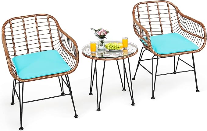 Tangkula 3 Pieces Patio Conversation Bistro Set, Outdoor Wicker Furniture w/Round Tempered Glass Top Table & 2 Rattan Armchairs, Bistro Chat Set w/Seat Cushions for Porch, Backyard, Garden