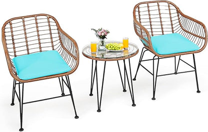 Tangkula 3 Pieces Patio Conversation Bistro Set, Outdoor Wicker Furniture w/Round Tempered Glass Top Table & 2 Rattan Armchairs, Bistro Chat Set w/Seat Cushions for Porch, Backyard, Garden