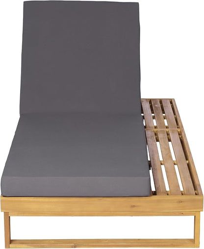 Merax 2 Piece Teak Finish Acacia Wood Chaise Lounge with 4-Inch Dark Grey 2-Fold Cushion Set, 4-Position Adjustable Outdoor Patio Lounger with Flat Side Surface, for Poolside