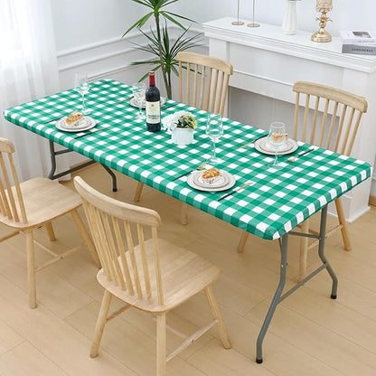 Smiry Picnic Table Cloth 2 Pack, Waterproof Elastic Fitted Tablecloths for 24x48 Rectangle Tables, Washable Polyester Buffalo Plaid Tablecloth for Camping, Dining & Outdoor (Green & White, 24" x 48")