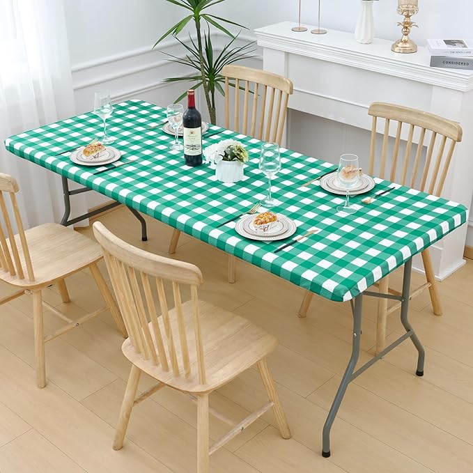 Smiry Picnic Table Cloth 2 Pack, Waterproof Elastic Fitted Tablecloths for 5FT Rectangle Tables, Washable Polyester Buffalo Plaid Tablecloth for Camping, Dining & Outdoor (Green & White, 30" x 60")