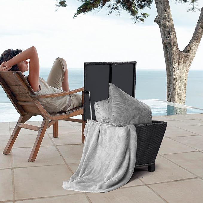 VINGLI 13 Gallon Outdoor Deck Box, Wicker Outdoor Storage Box with Lid, Small Storage Bin Container for Outside and Patio, Patio Rattan Side Table for Yard Porch (Black, Trapezoidal)