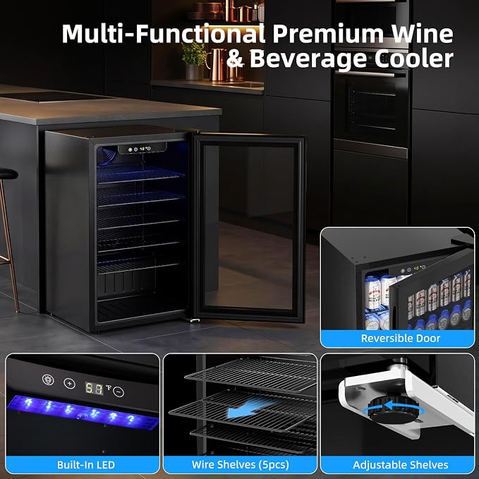 Antarctic Star Mini Fridge 130 Can Beverage Refrigerator Cooler with Glass Door,Adjustable Shelves & Digital Temperature for Soda Beer or wine fridge for Home, Office Bar 3.2cu.ft