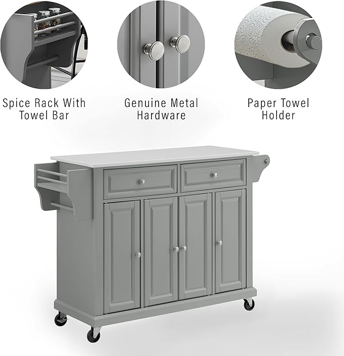Crosley Furniture Full Size Stone Top Rolling Kitchen Island Storage Cart, Microwave Stand, Spice Rack, Gray