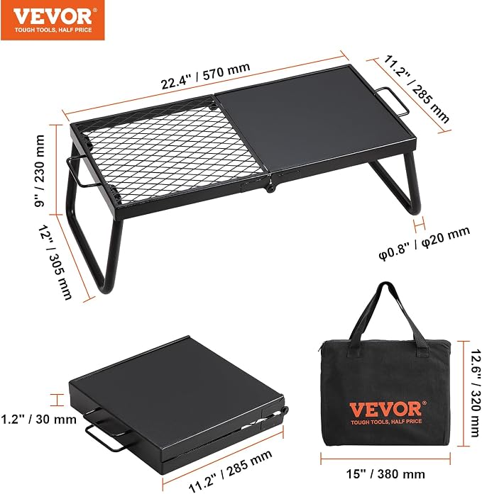 VEVOR Folding Campfire Grill, Heavy Duty Steel Mesh Grate, 22.4" Portable Camping Grates Over Fire Pit, Camp Fire Cooking Equipment with Legs Carrying Bag, Grilling Rack for Outdoor Open Flame Cooking